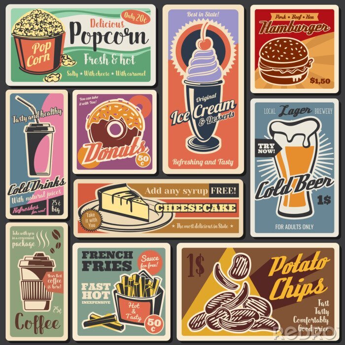 Fotobehang Fast food burgers, hot dogs, desserts retro menu
