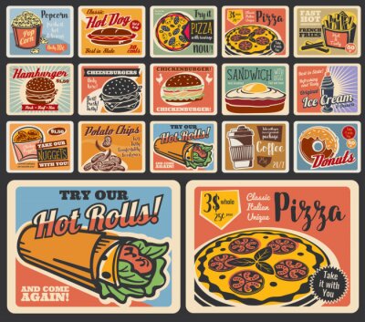 Fast food restaurant vector burgers, desserts and drinks. Retro posters of pizza, hamburger and hot dog, fries, donut and coffee, chicken nuggets, sandwich and cheeseburger, ice cream, popcorn, chips