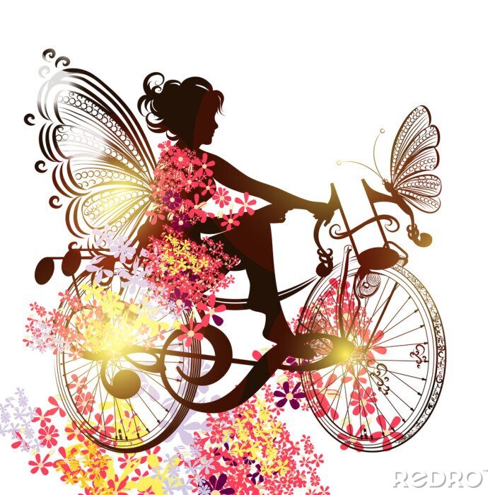Fotobehang Fee met fiets tussen vlinders
