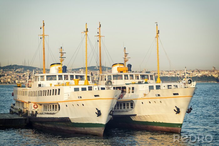 Fotobehang Ferries aangemeerd bij Karakoy Pier, Istanbul, Turkije