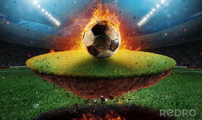 Fotobehang Fiery soccer ball exits from a football stadium