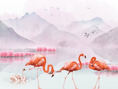 Fotobehang Flamingo's en berglandschap