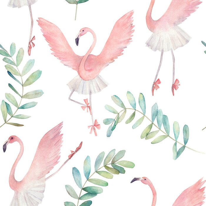 Fotobehang Flamingo dancing ballet. Hand drawn illustration. Watercolor abstract seamless pattern