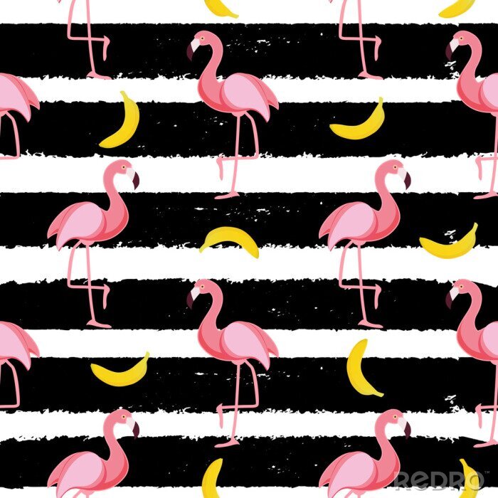 Fotobehang Flamingo's en bananen op een gestreept patroon