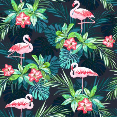 Flamingo's en bloemen op een donkere achtergrond