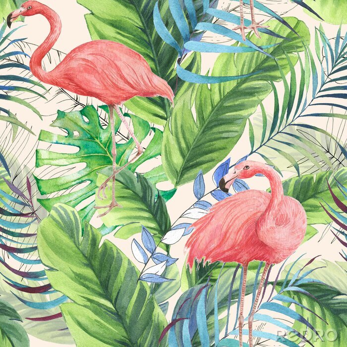 Fotobehang Flamingo's en exotische planten