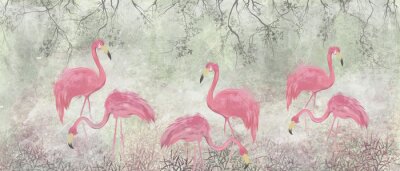 Fotobehang Flamingo's in de struiken