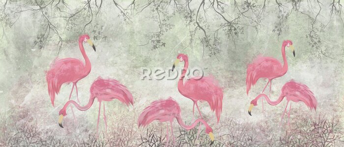 Fotobehang Flamingo's in de struiken