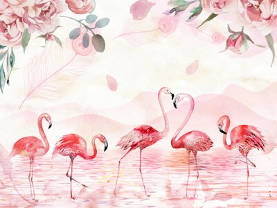 Fotobehang Flamingo's in een meer met berglandschap als achtergrond