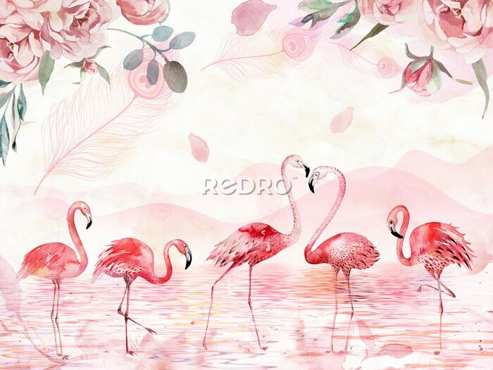 Fotobehang Flamingo's in een meer met berglandschap als achtergrond