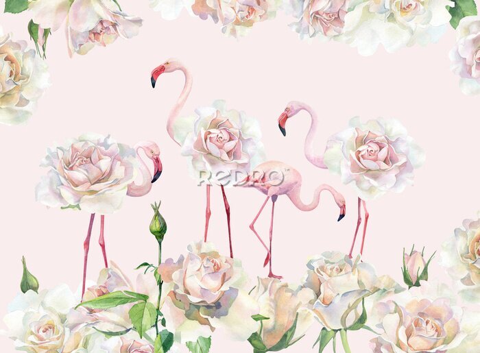 Fotobehang Flamingo's met rozen