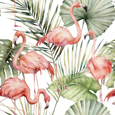 Flamingo's op een achtergrond van tropische bladeren geschilderd met waterverf