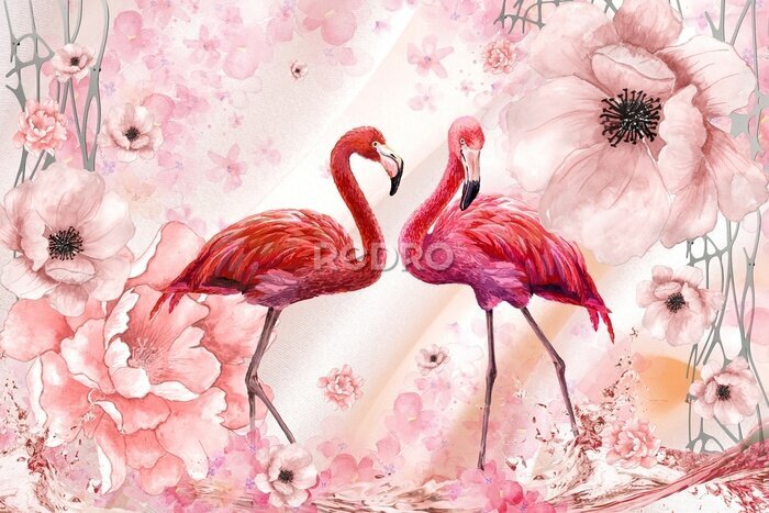 Fotobehang Flamingo's op een bloemenachtergrond