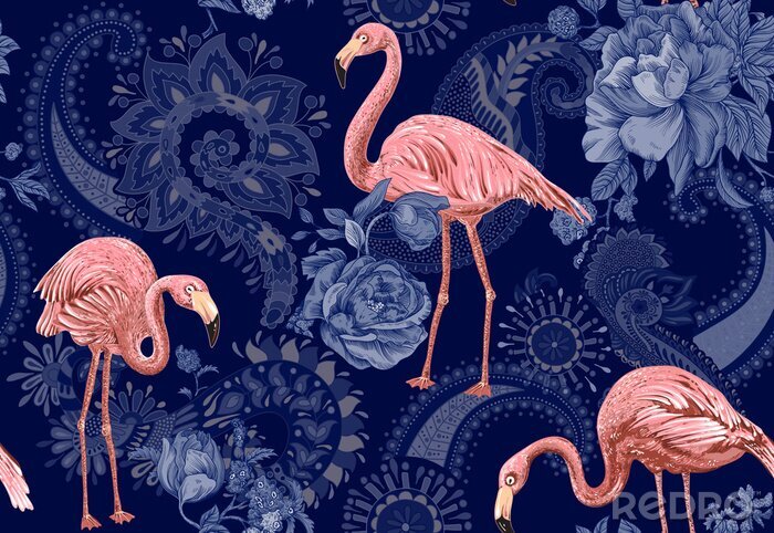 Fotobehang Flamingo's op een donkerblauwe achtergrond