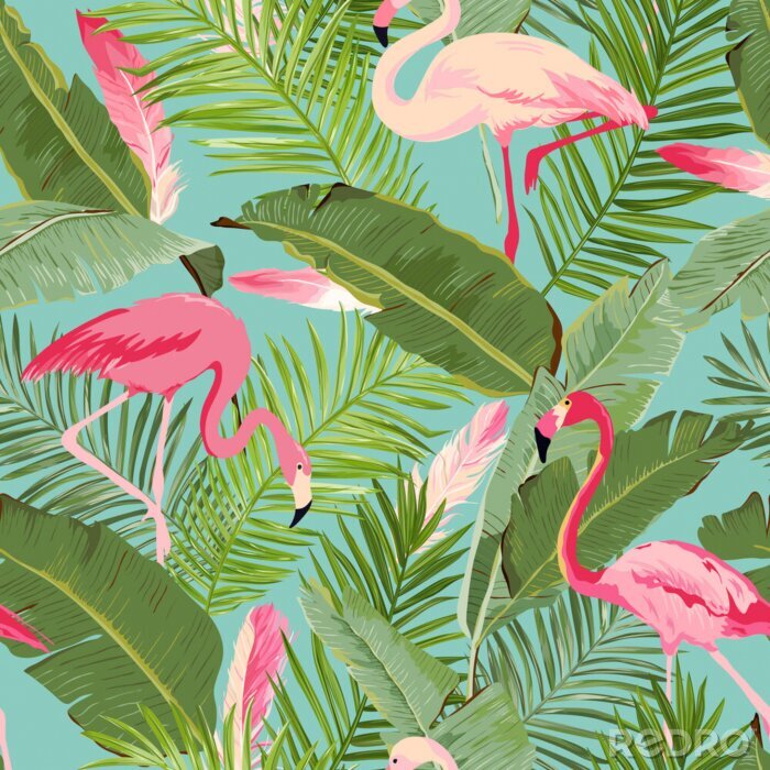 Fotobehang Flamingo's op grote groene bladeren