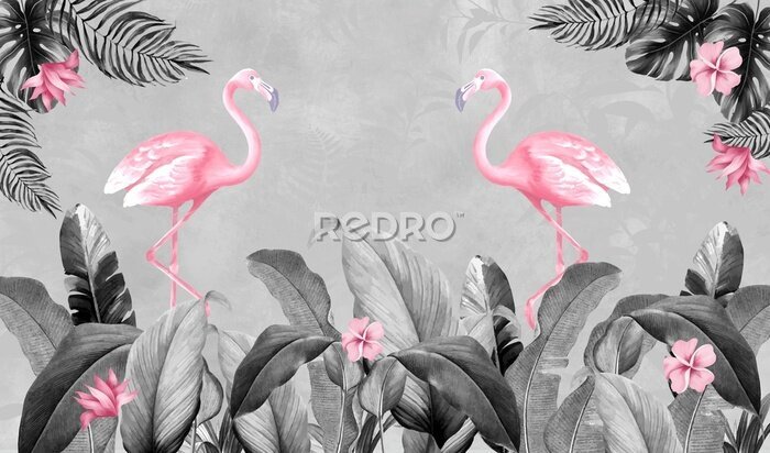 Fotobehang Flamingo's tussen tropische bladeren in grijstinten
