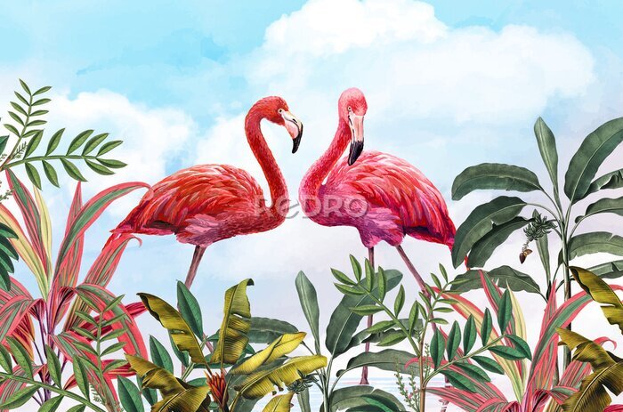 Fotobehang Flamingo's tussen tropische bladeren tegen blauwe lucht