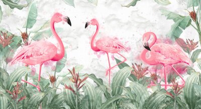 Fotobehang flamingos in tropical streams with textured background, photo wallpaper