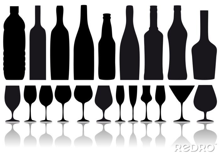 Fotobehang flessen wijn en glazen, vector