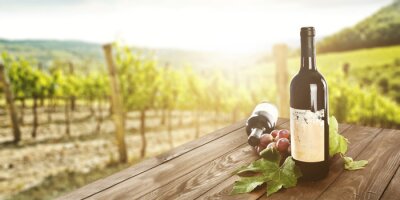 Fotobehang Flessen wijn op een achtergrond met een wijngaard