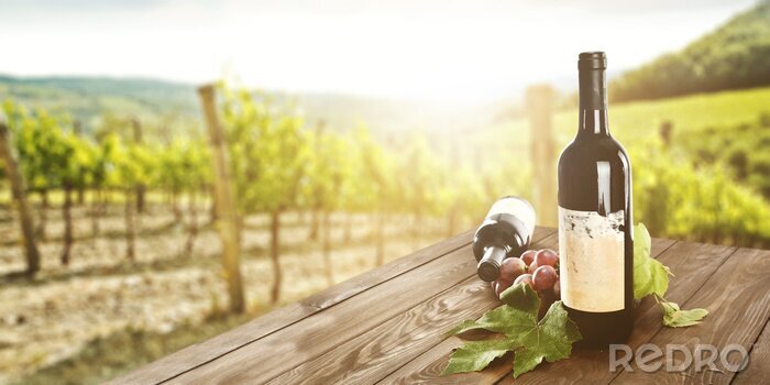 Fotobehang Flessen wijn op een achtergrond met een wijngaard