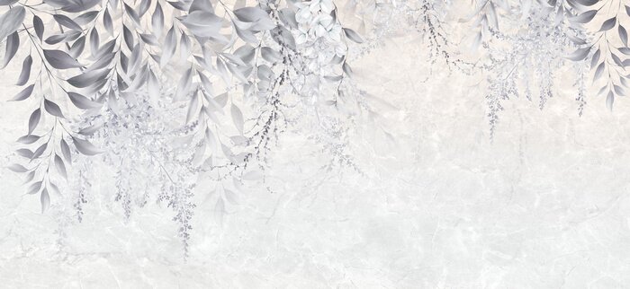 Fotobehang Floral background for wallpaper, watercolor violet, can be used as poster. Botanical art. Mural. Leaves on marble.	