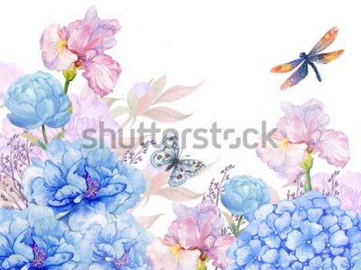 Fotobehang floral background .illustration of watercolor. flowers peonies, irises, hydrangeas,butterflies and dragonflies . postcard floral pattern
