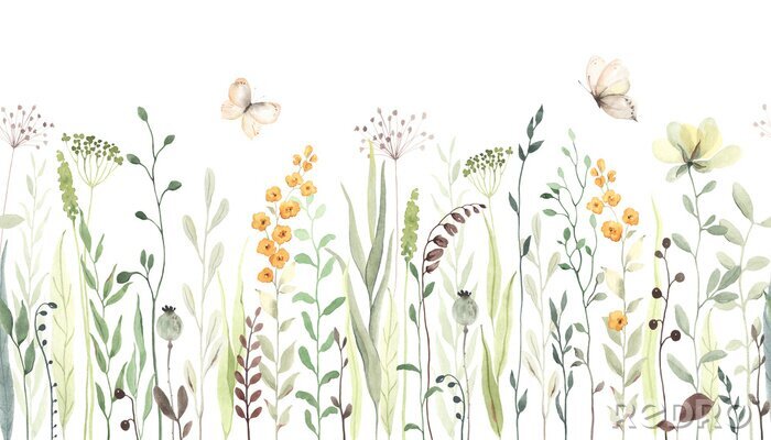Fotobehang Floral seamless horizontal border with abstract yellow flowers, green leaves and plants, flying butterflies. Watercolor isolated pattern on white background, panoramic illustration summer meadow.