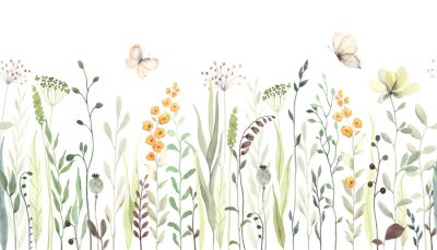 Fotobehang Floral seamless horizontal border with abstract yellow flowers, green leaves and plants, flying butterflies. Watercolor isolated pattern on white background, panoramic illustration summer meadow.