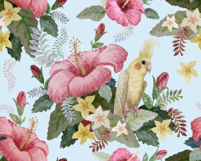 Fotobehang Floral seamless pattern. Pink hibiscus and frangipani flowers, yellow Australian parakeet, fantasy tropical foliage on a light blue background. Wallpaper, batik paint, chintz design