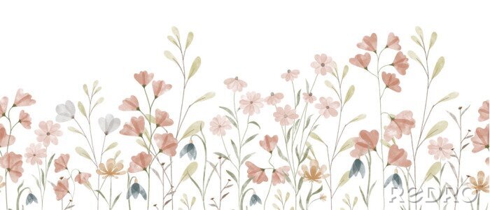 Fotobehang Floral summer horizontal pattern with wildflowers. Watercolor hand drawn isolated illustration border, meadow or floral background for your design.