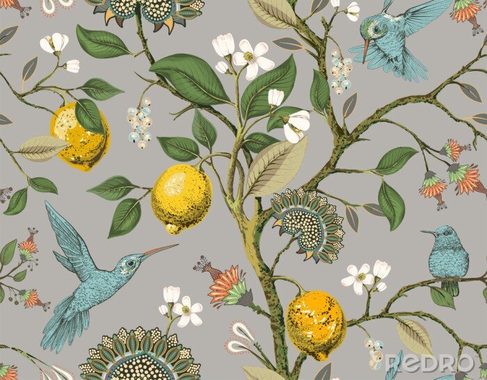 Fotobehang Floral vector seamless pattern. Botanical wallpaper. Plants, birds flowers backdrop. Drawn nature vintage wallpaper. Lemons, flowers, hummingbirds, blooming garden. Design for fabric, textile, paper