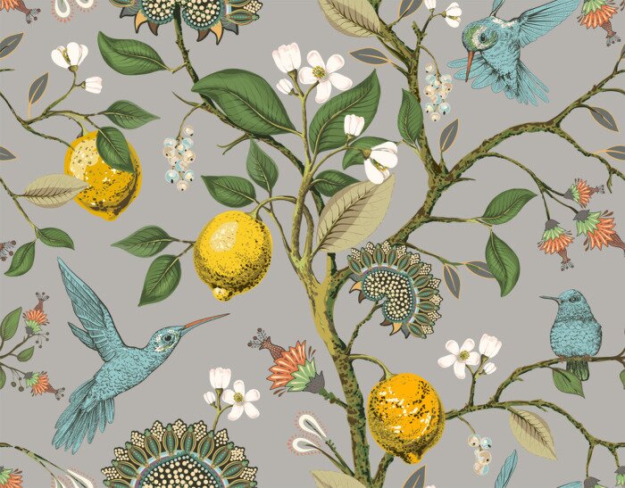 Fotobehang Floral vector seamless pattern. Botanical wallpaper. Plants, birds flowers backdrop. Drawn nature vintage wallpaper. Lemons, flowers, hummingbirds, blooming garden. Design for fabric, textile, paper