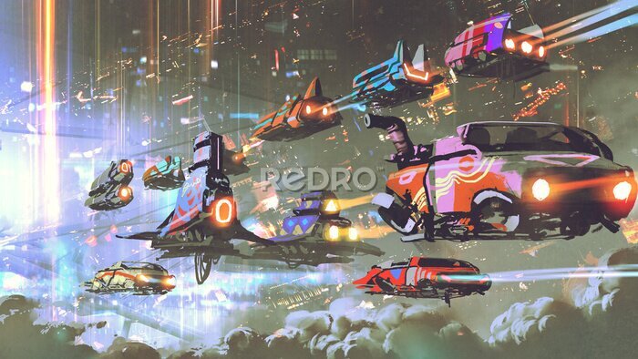 Fotobehang flying car traffic in the futuristic world, digital art style, illustration painting