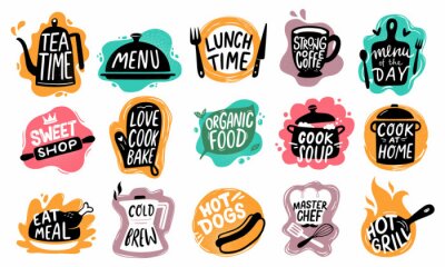 Fotobehang Food lettering. Bakery kitchen sweets, hot dogs badge and organic food logo vector set