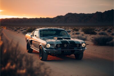 Fotobehang Ford Mustang Shelby GT500, American Muscle Car, in the desert at sunset