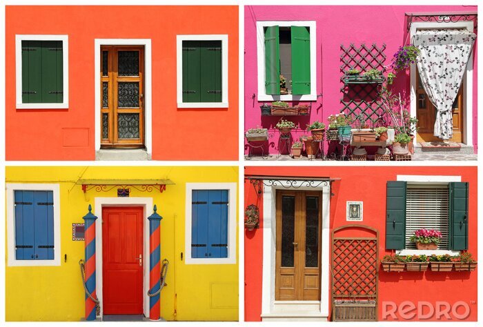 Fotobehang fotomontage met multicolor levendig geschilderde huizen in Burano