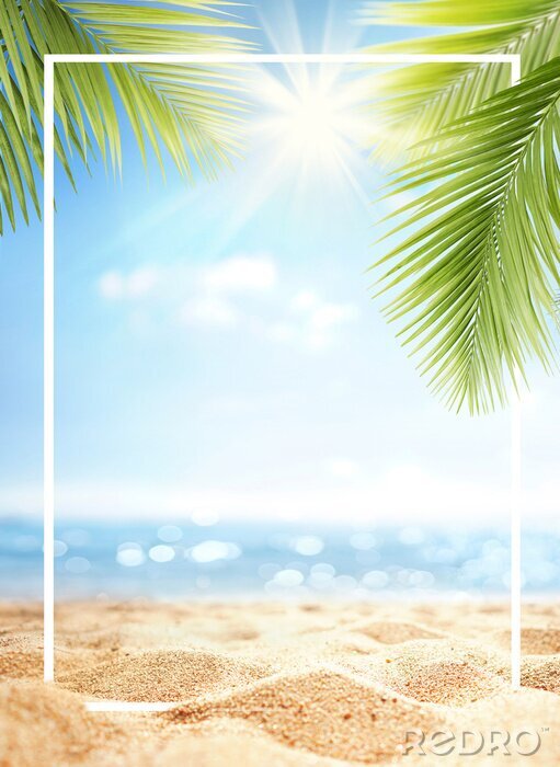 Fotobehang Frame met strand en palmbladeren