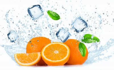 Fotobehang Fruit sinaasappels met bladeren en ijs