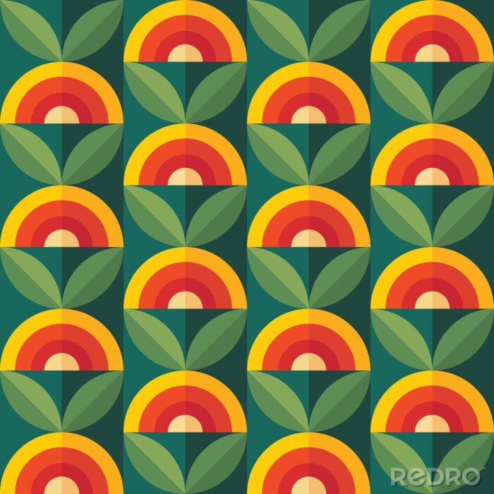 Fotobehang Fruits and leaves nature background. Mid-century modern art vector. Abstract geometric seamless pattern. Decorative ornament in retro vintage design flat style. Floral backdrop.