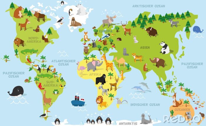 Fotobehang Funny cartoon world map in german with traditional animals of all the continents and oceans. Vector illustration for preschool education and kids design