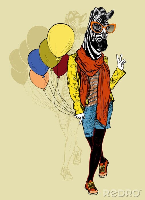 Fotobehang Funny fashion zebra met ballonnen