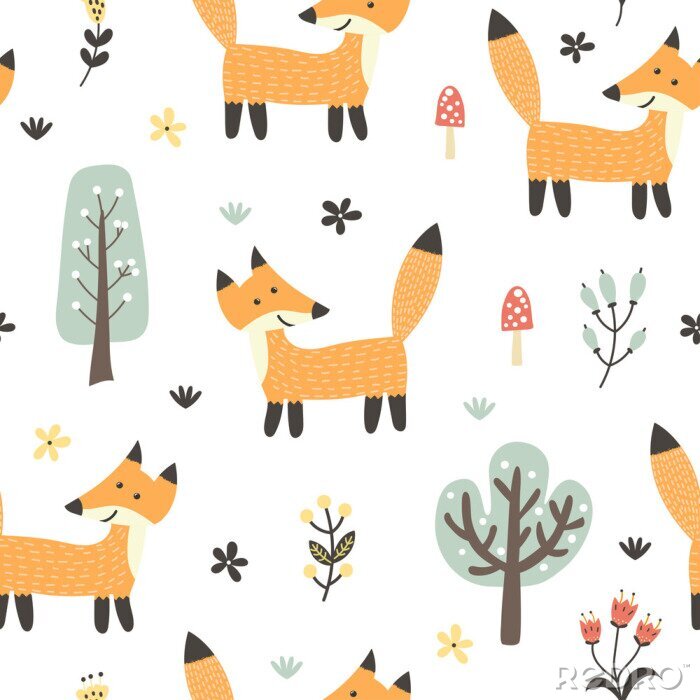 Fotobehang Funny fox seamless pattern. Forest background in childish style