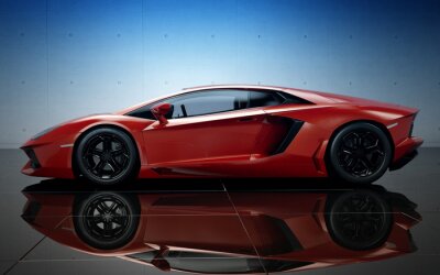 Futuristische rode auto op een spiegelachtergrond