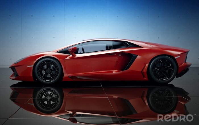 Fotobehang Futuristische rode auto op een spiegelachtergrond