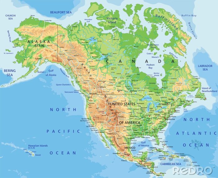 Fotobehang Fysieke kaart van Noord-Amerika