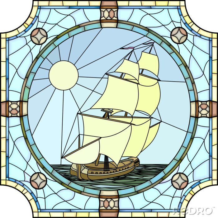 Fotobehang Gebrandschilderd raam met een zeilboot