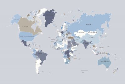 Fotobehang Gedetailleerde politieke kaart van de wereld in blauwe en beige tinten