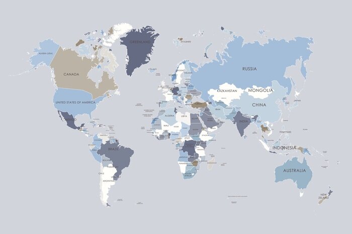 Fotobehang Gedetailleerde politieke kaart van de wereld in blauwe en beige tinten