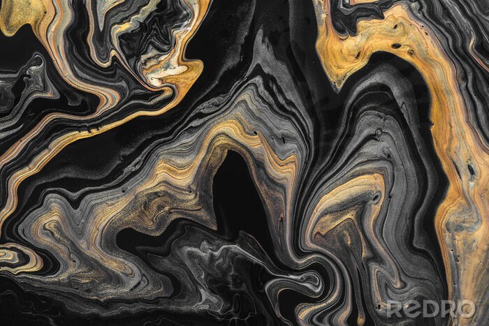 Fotobehang Geel-zwarte marmeren golven